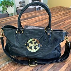 Tory Burch Black Leather Satchel Bag with Gold Log